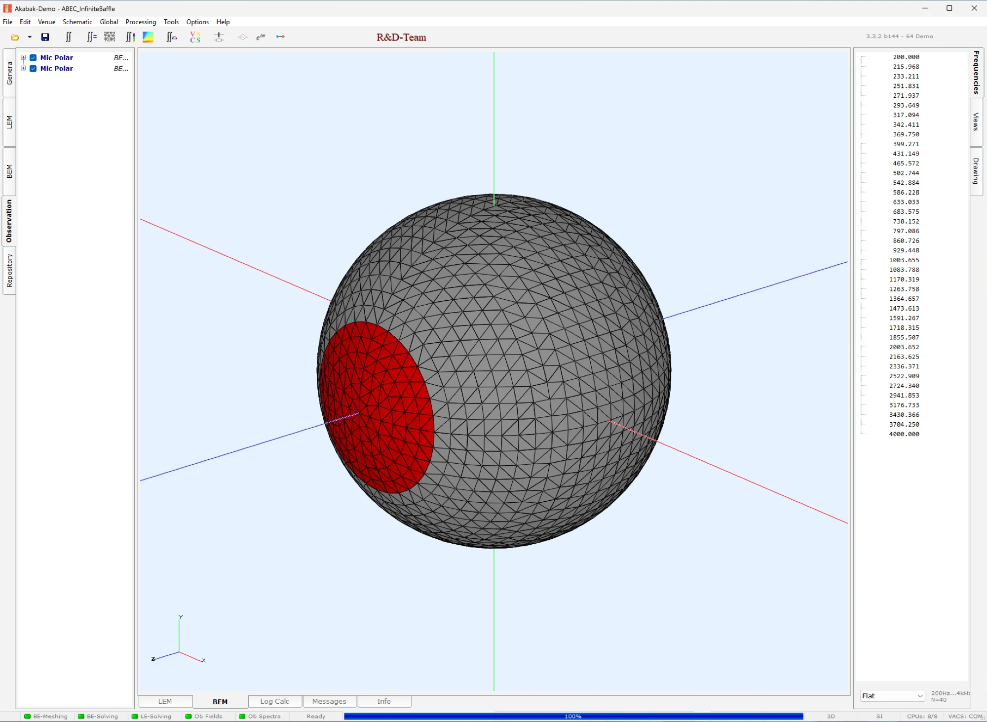 The same sphere in AKABAK 3: the quarter mesh, mirrored, the cap in red