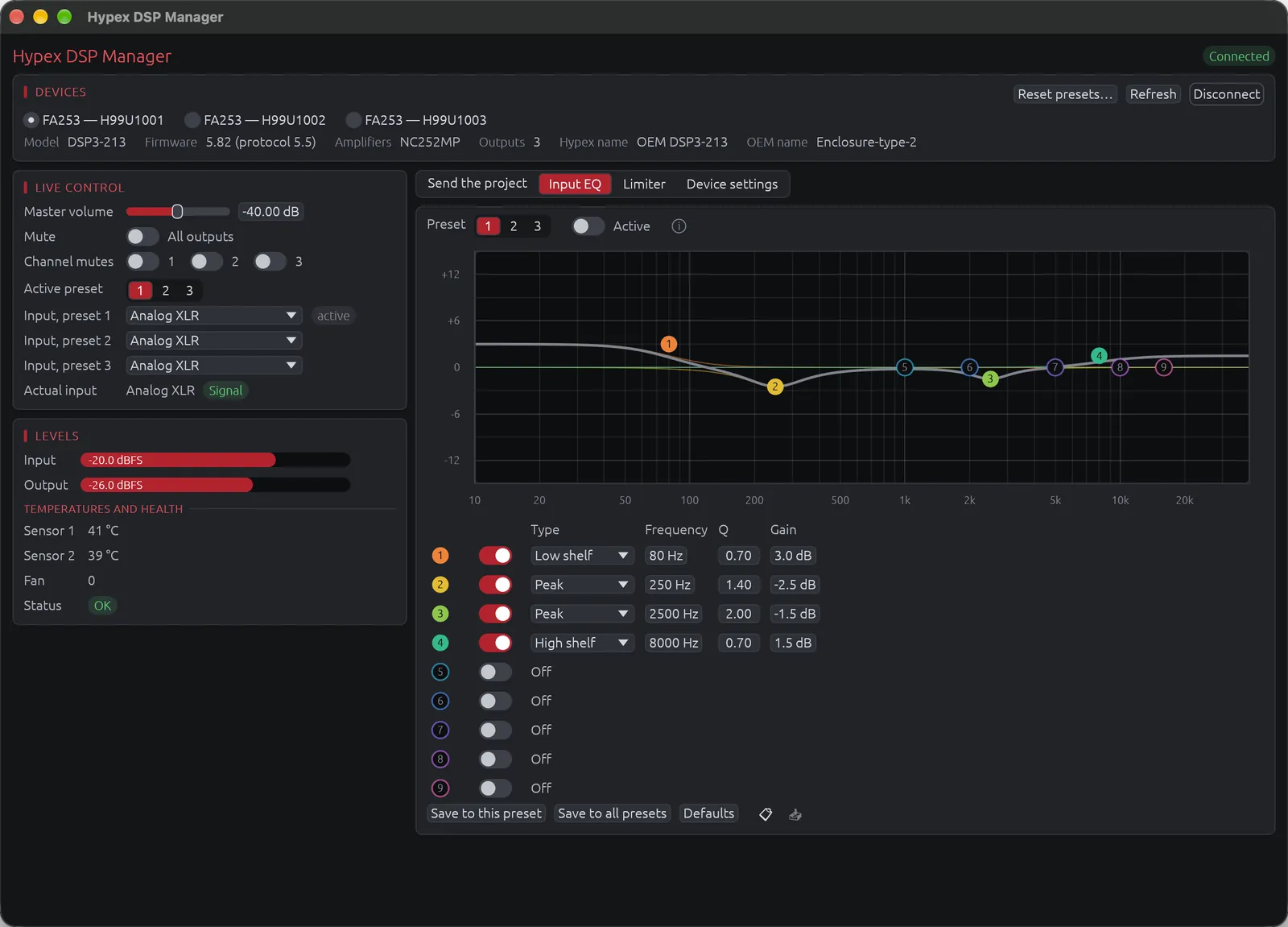 The Hypex DSP Manager with three FA253 connected, and the input EQ of a preset edited on its curve