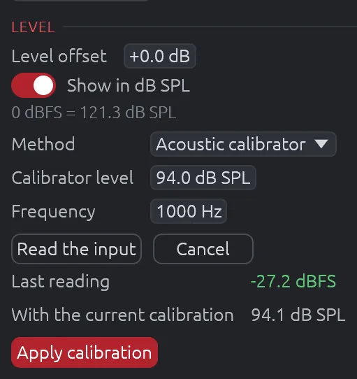 SPL calibration with an acoustic calibrator