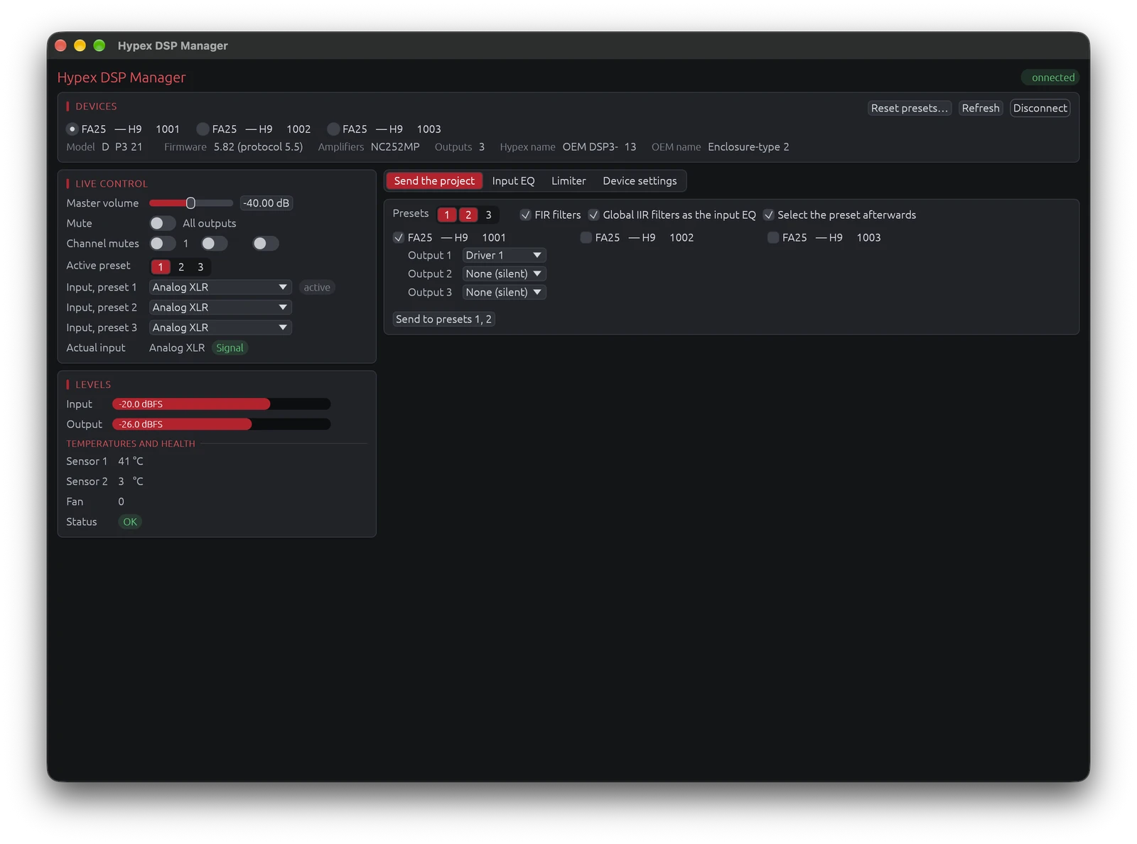 Hypex DSP Manager with three FusionAmp FA253, sending the project to presets 1 and 2