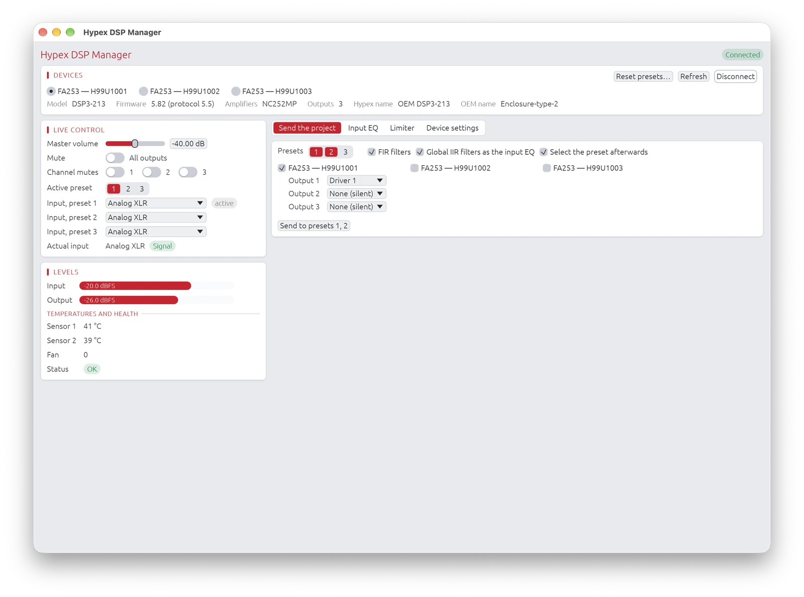 Hypex DSP Manager with three FusionAmp FA253, sending the project to presets 1 and 2