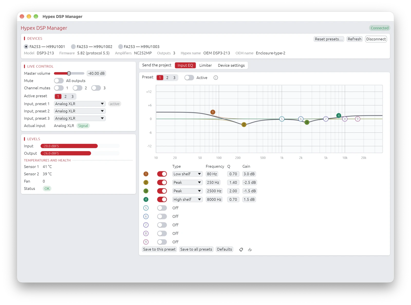 Input EQ tab of the Hypex DSP Manager