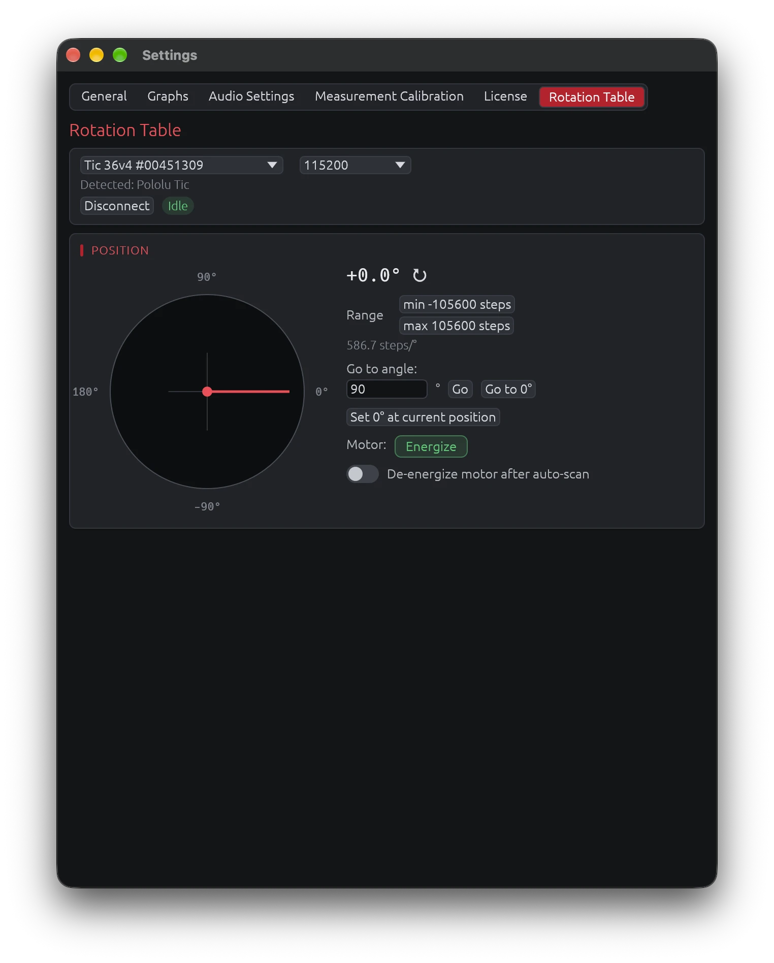 Rotation Table Settings