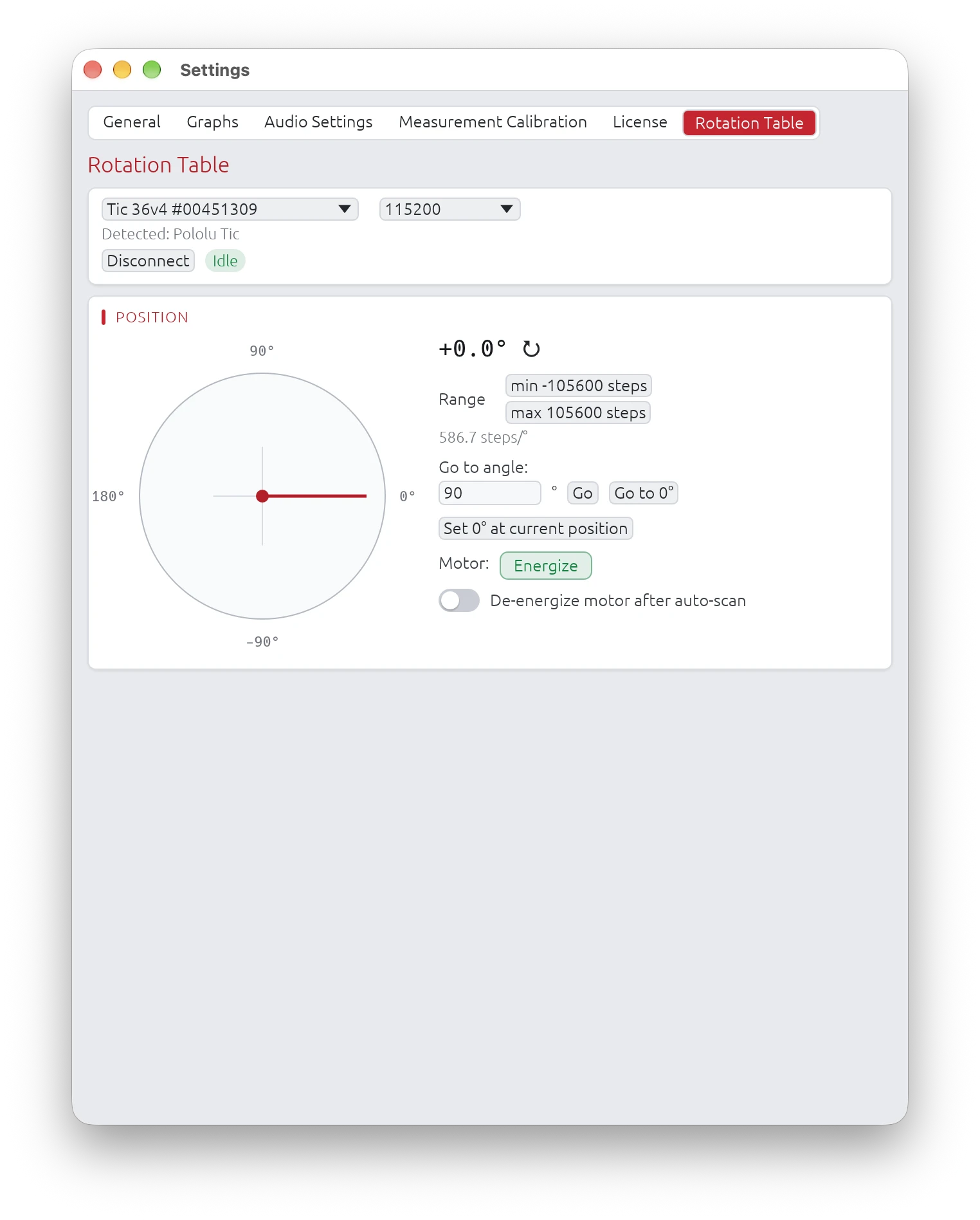 Rotation Table Settings