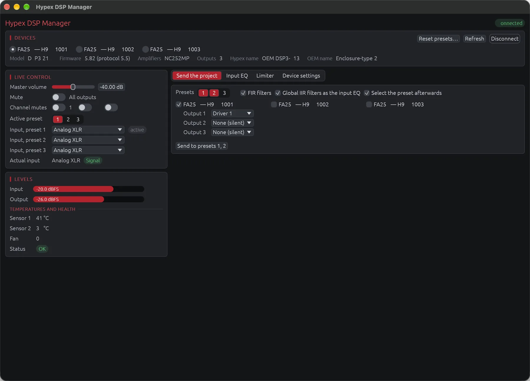 Send the project tab of the Hypex DSP Manager: presets 1 and 2 picked, a driver chosen for each output of an FA253