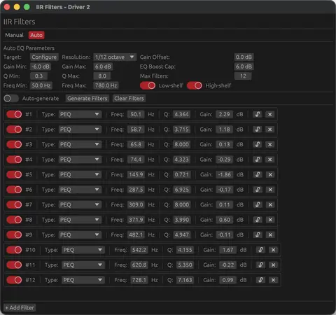 IIR filter bank: parametric EQ, shelves and crossovers.