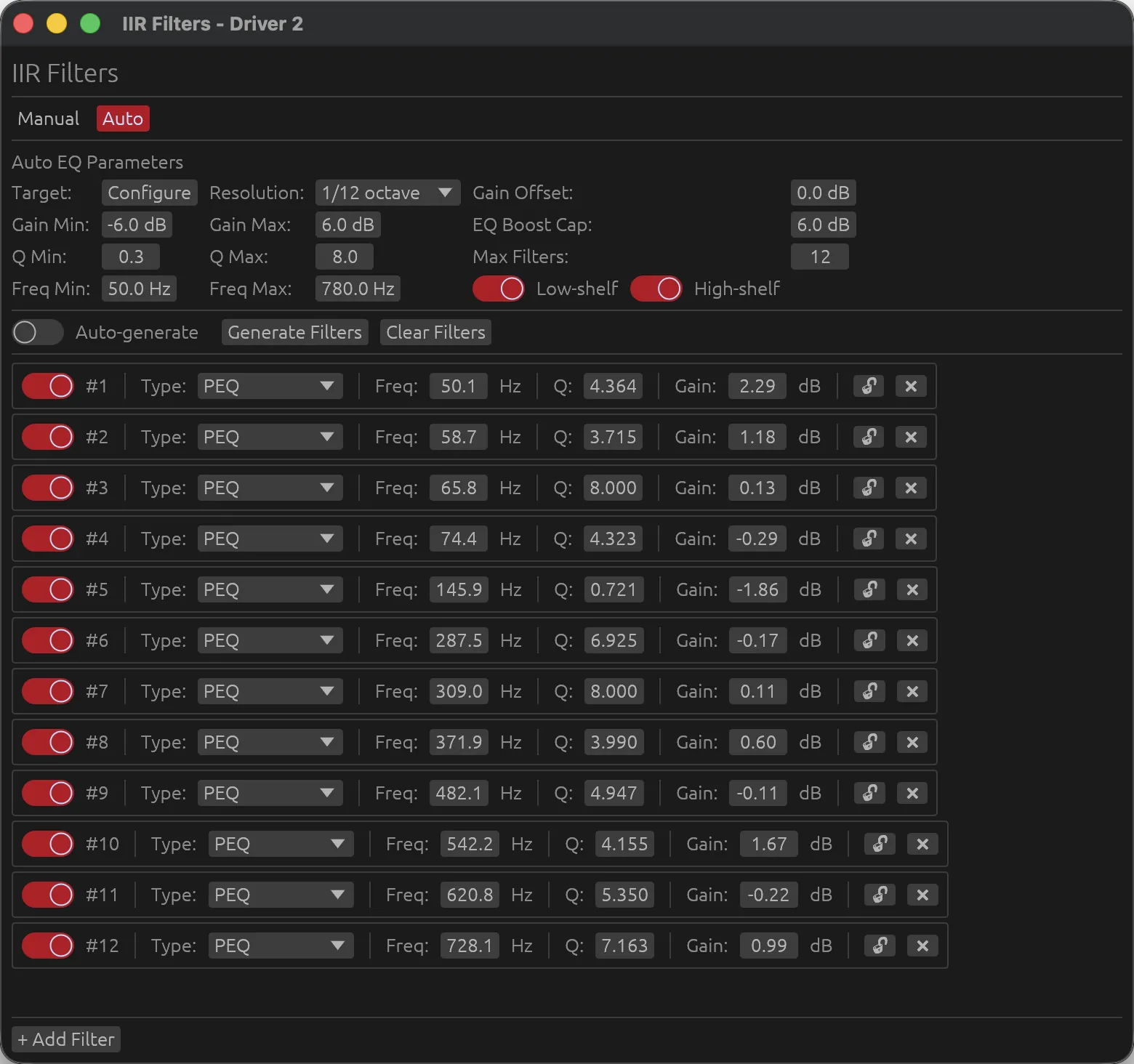 IIR filter bank: parametric EQ, shelves and crossovers.